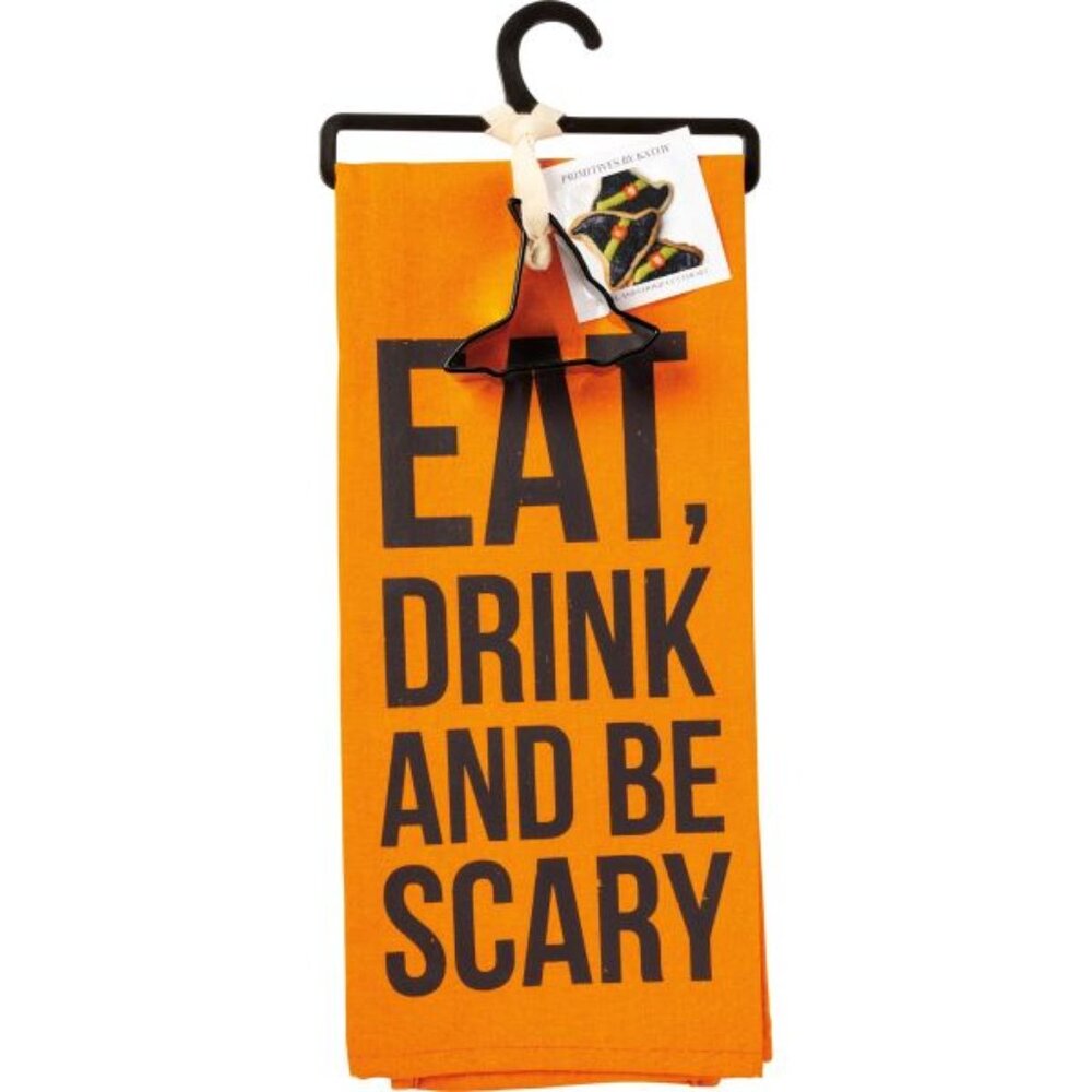 Eat, Drink, and Be Scary Dish Towel with Witches Hat Cookie Cutter